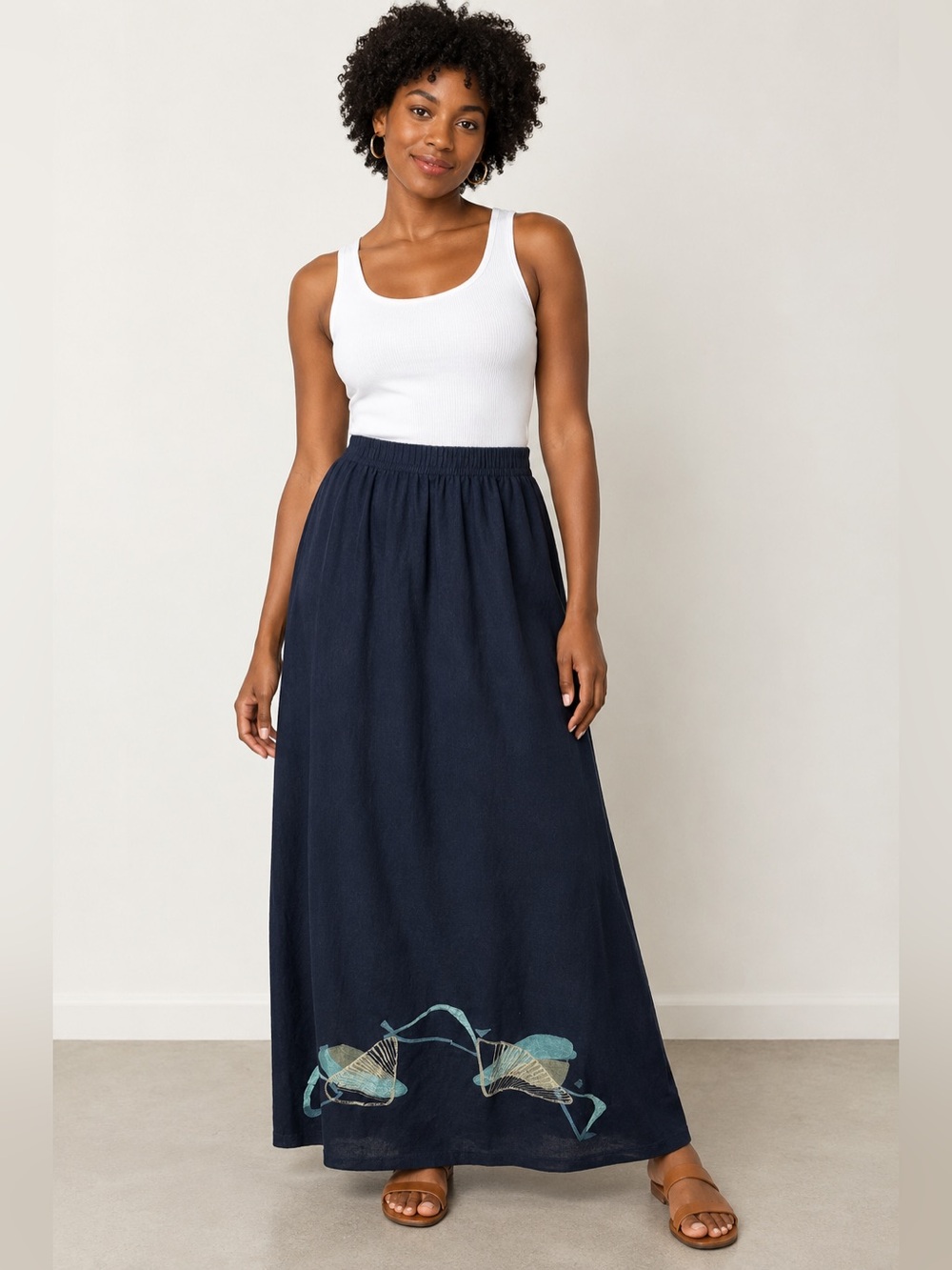 Blue Fish Dark Navy Maxi Skirt with Teal and Cream Floral Accents